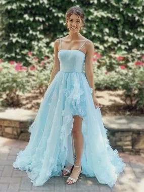 High Low Light Blue Floral Long Prom, High Low Blue Formal Evening