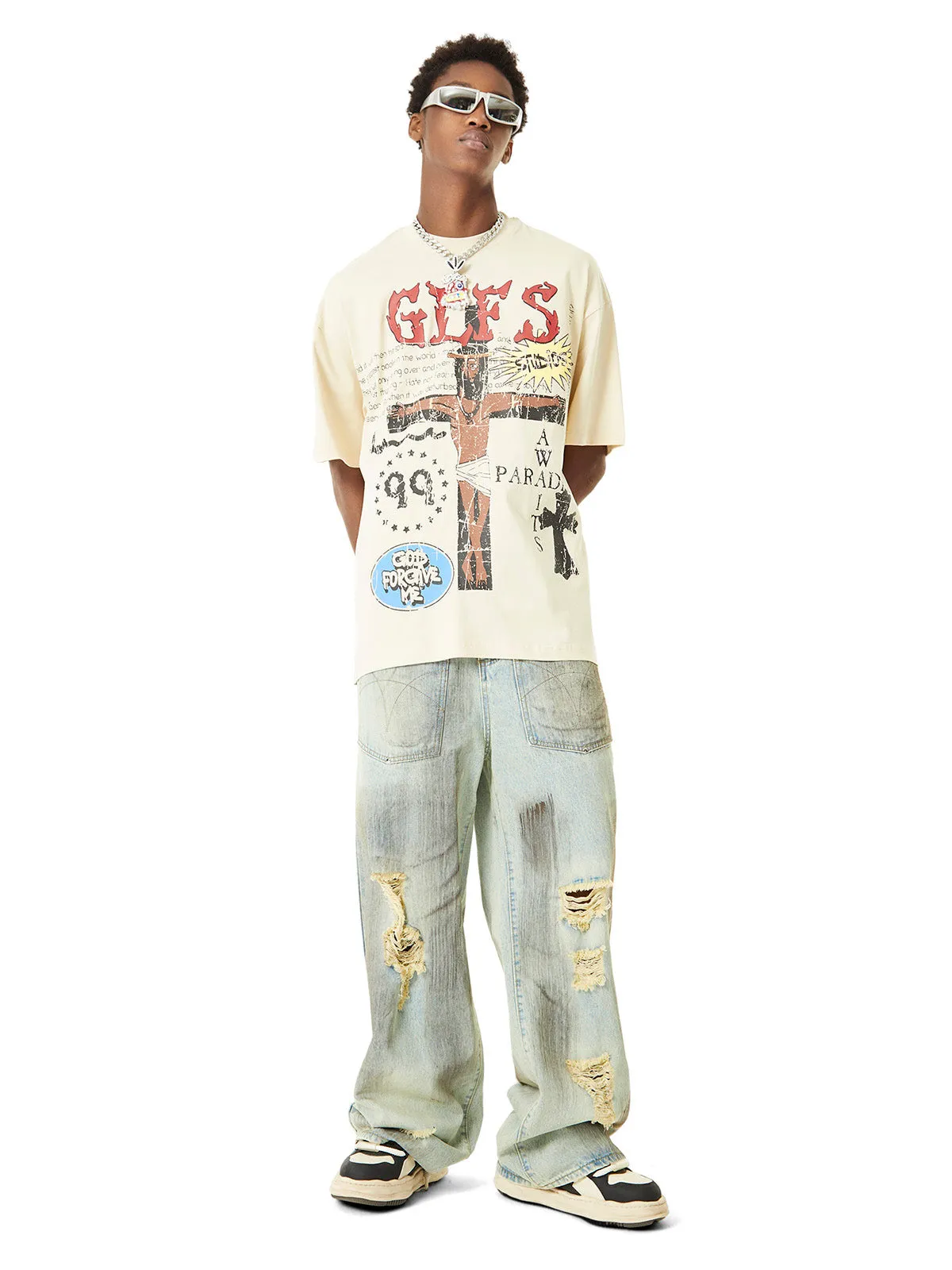 1984 Retro Washed Reverse Design Hip-Hop Jeans