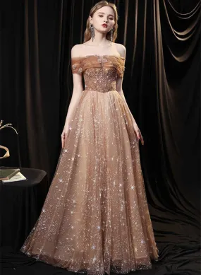 A-line Champagne Beaded Off Shoulder Prom Dress, Tulle Long Evening Dress Party Dress