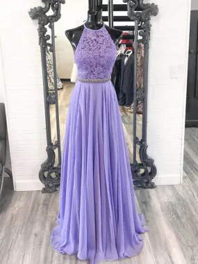 A Line Halter Neck Purple Lace Prom Dresses with Belt, Lilac Lace Formal Dresses, Purple Evening Dresses