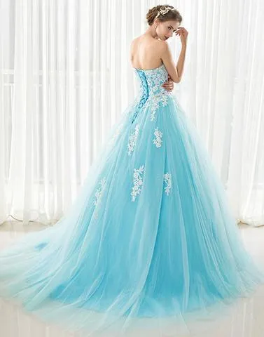 A-line strapless tulle lace appliques long prom dresses, PD5871