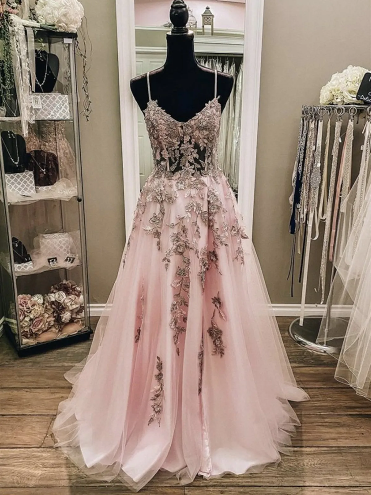 A Line V Neck Backless Pink Lace Floral Long Prom Dresses, Long Pink Lace Formal Graduation Evening Dresses