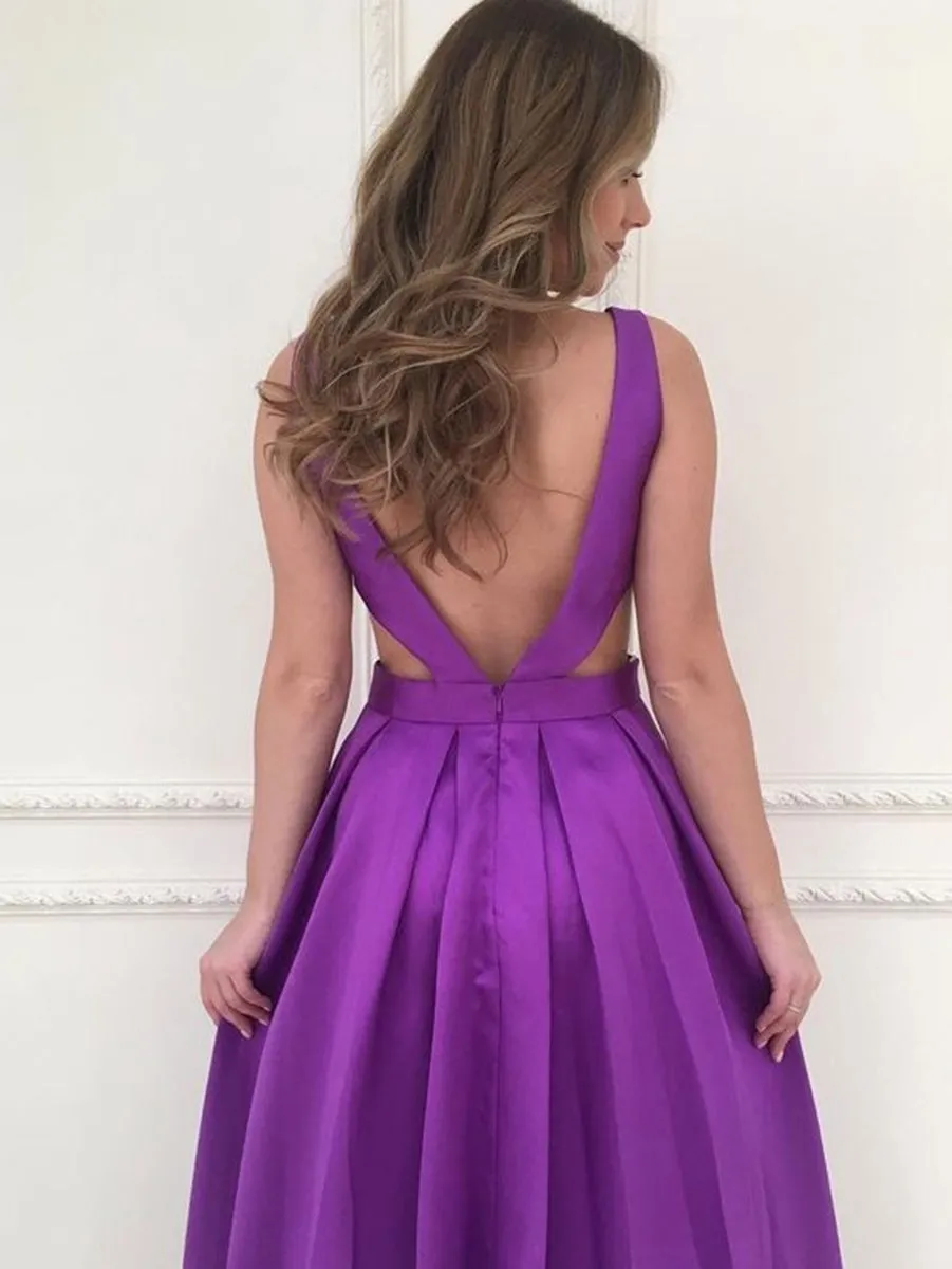 A Line V Neck Backless Purple Satin Long Prom, Backless Purple Ball Gown, V Neck Purple Formal Graduation Evening