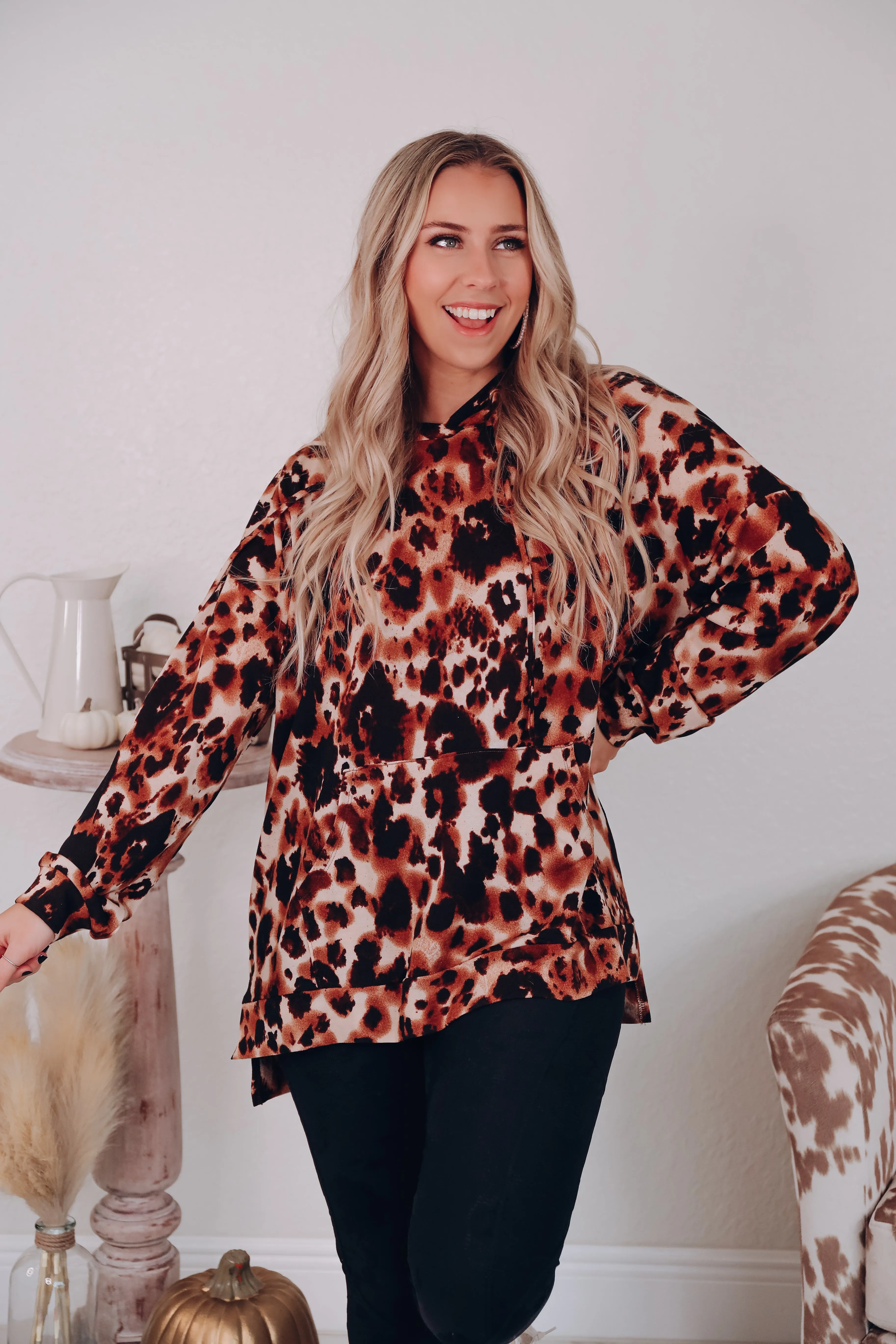 Abstract Leopard Print Hoodie Top