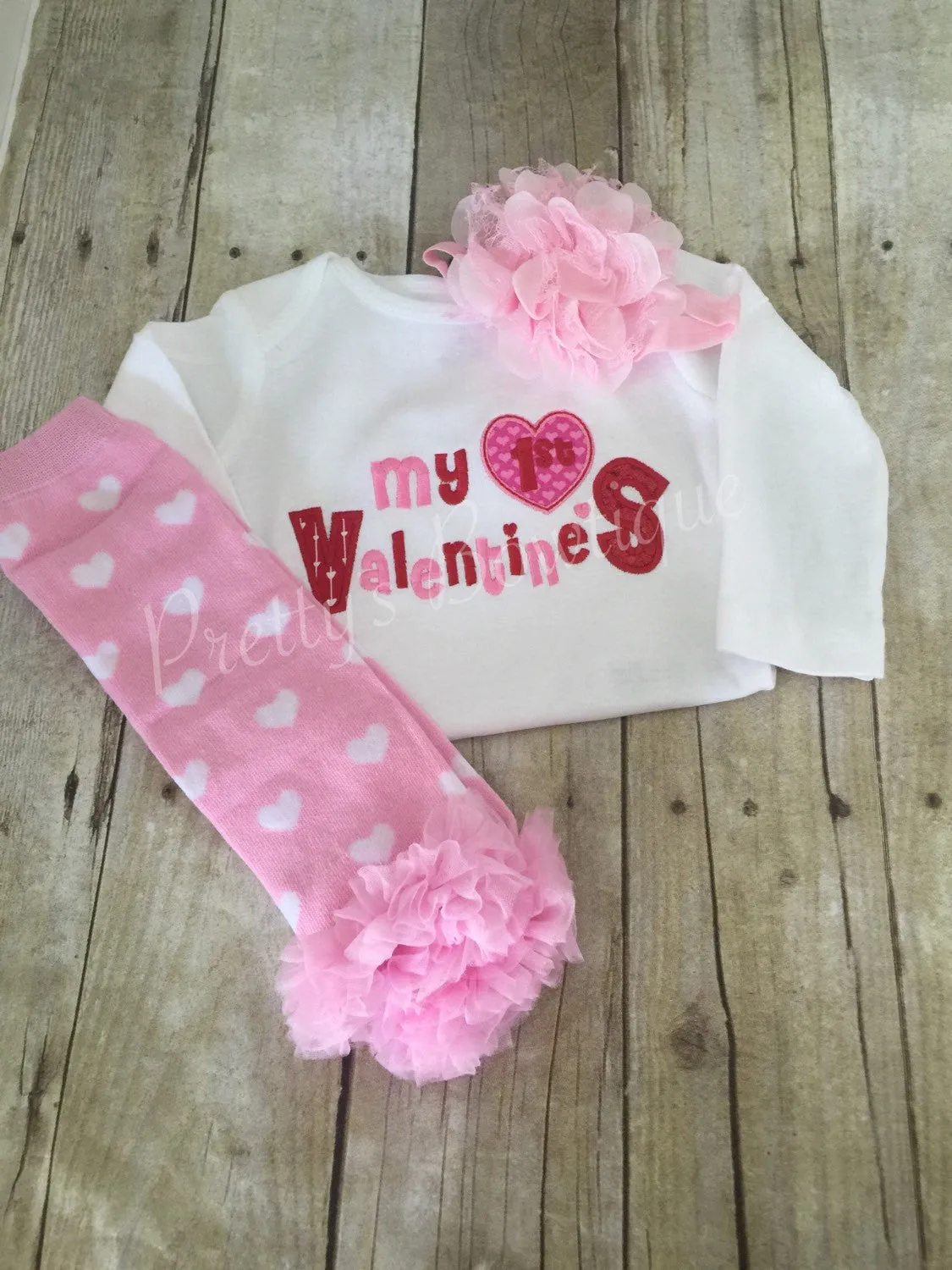 Adorable First Valentine's Day outfit headband, and legwarmers applique embroidery 1st Valentine's Day shirt~pink heart leg warmers