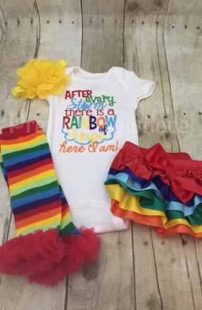 After every storm there is a rainbow of hope... Here i am! Bodysuit or shirt and matching ruffle leg-warmers, diaper cover and headband