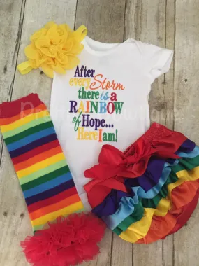 After every storm there is a rainbow of hope... Here i am! Bodysuit or shirt and matching ruffle leg-warmers, diaper cover and headband