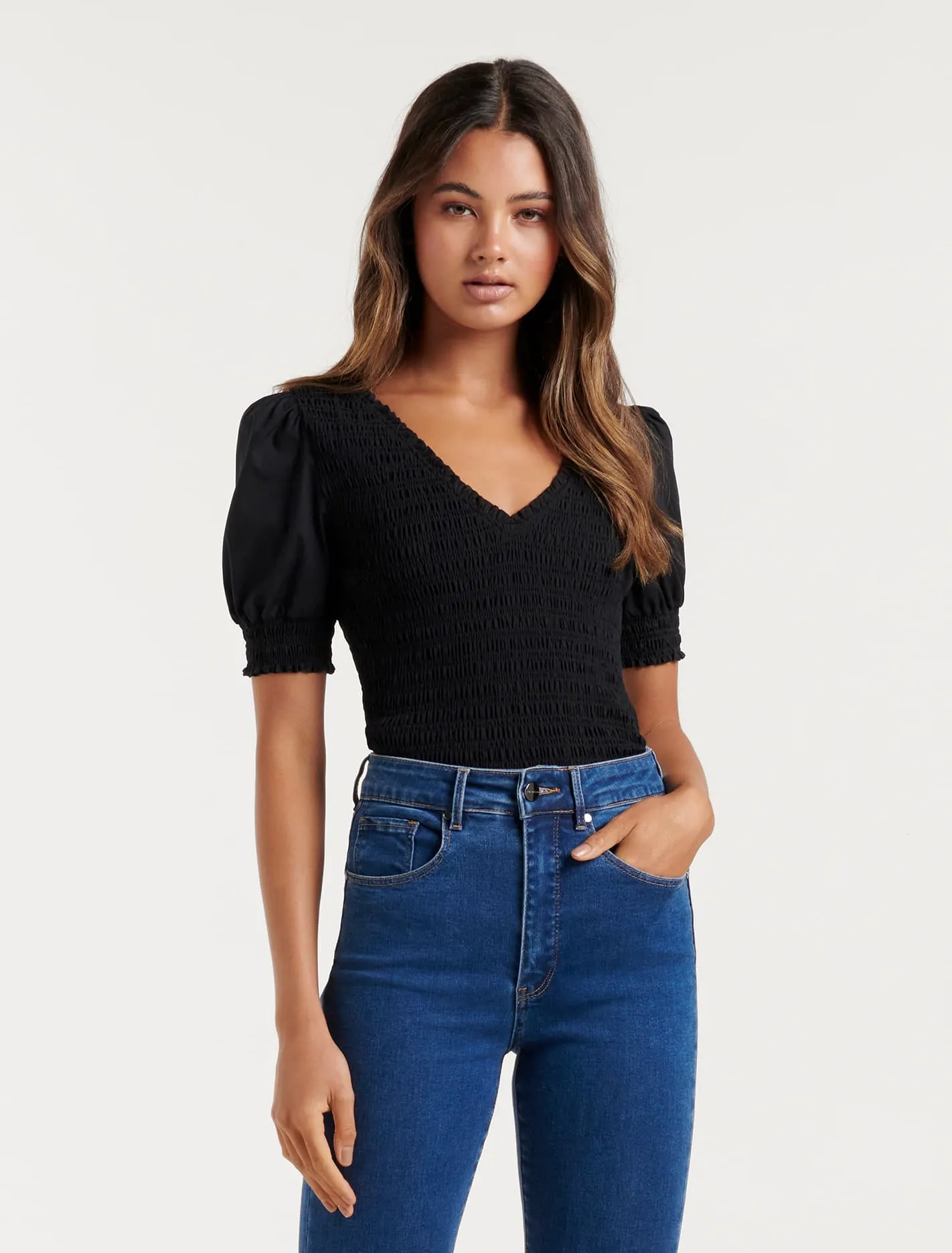 Aria Shirred V-Neck Puff Sleeve Top