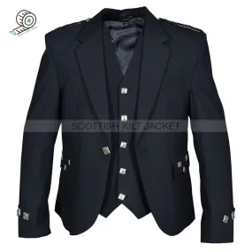 Black Barathea Wool Argyll Jacket with Five Button Vest and Gauntlet-Style Cuffs