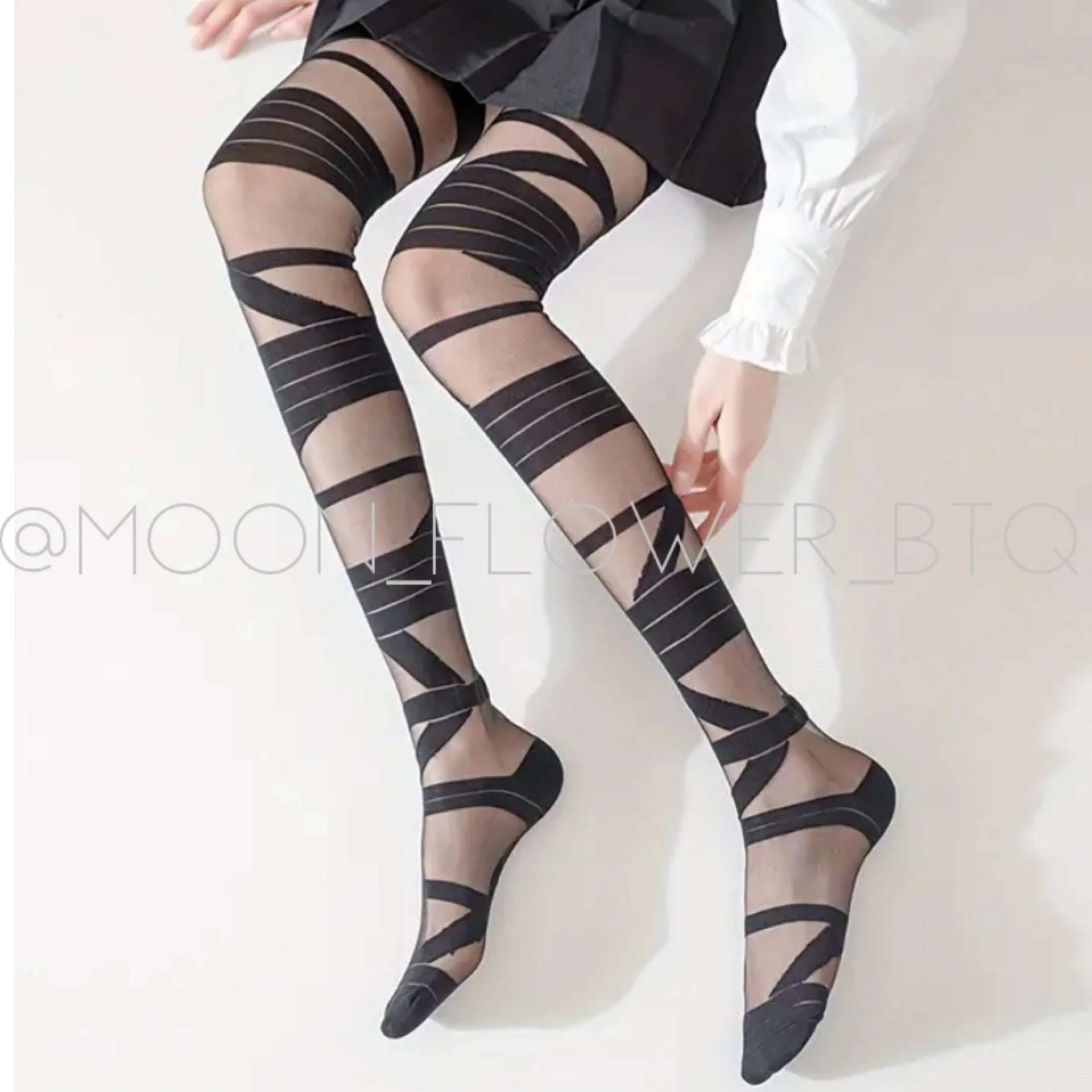 Black Strappy Thigh High Over the Knee Stockings