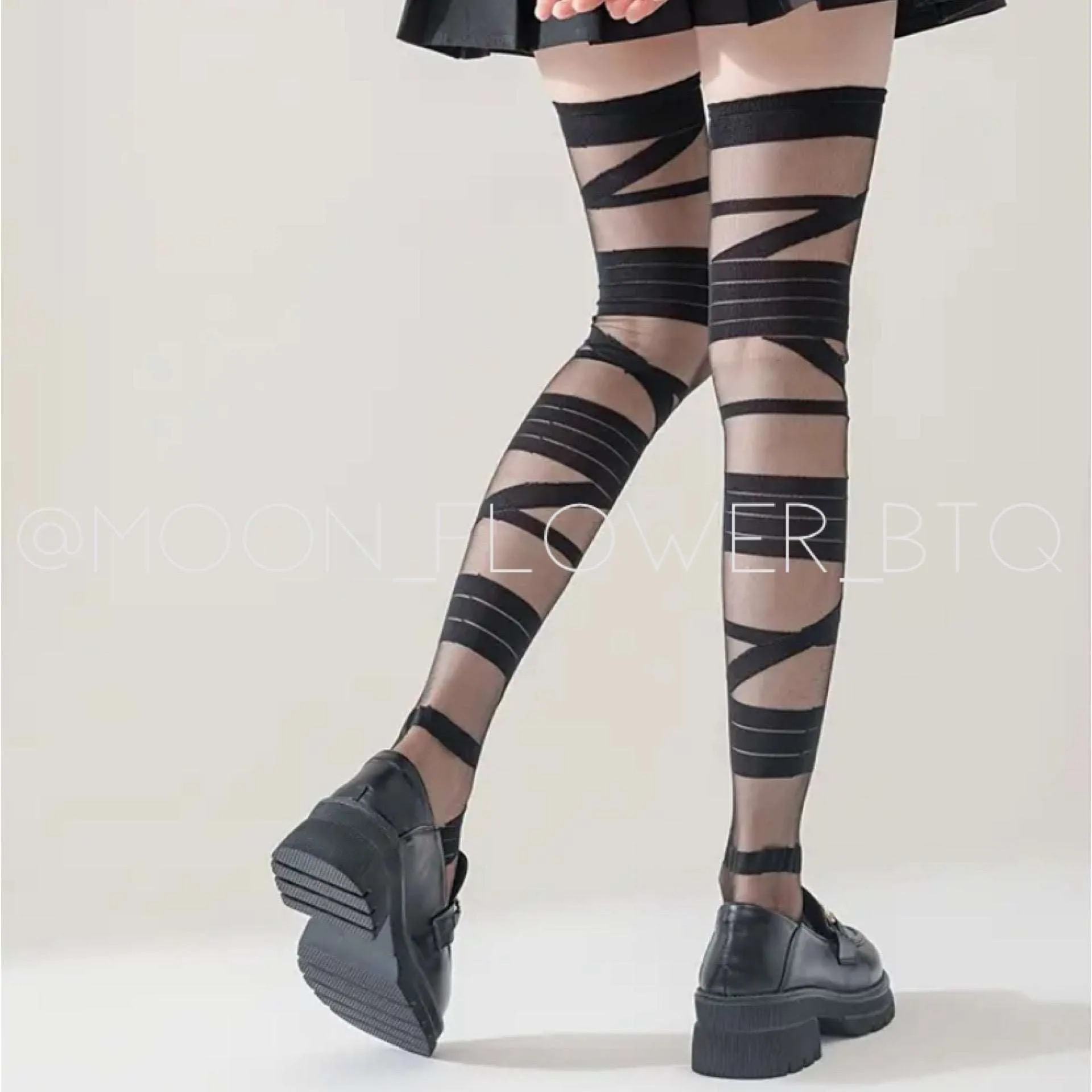 Black Strappy Thigh High Over the Knee Stockings