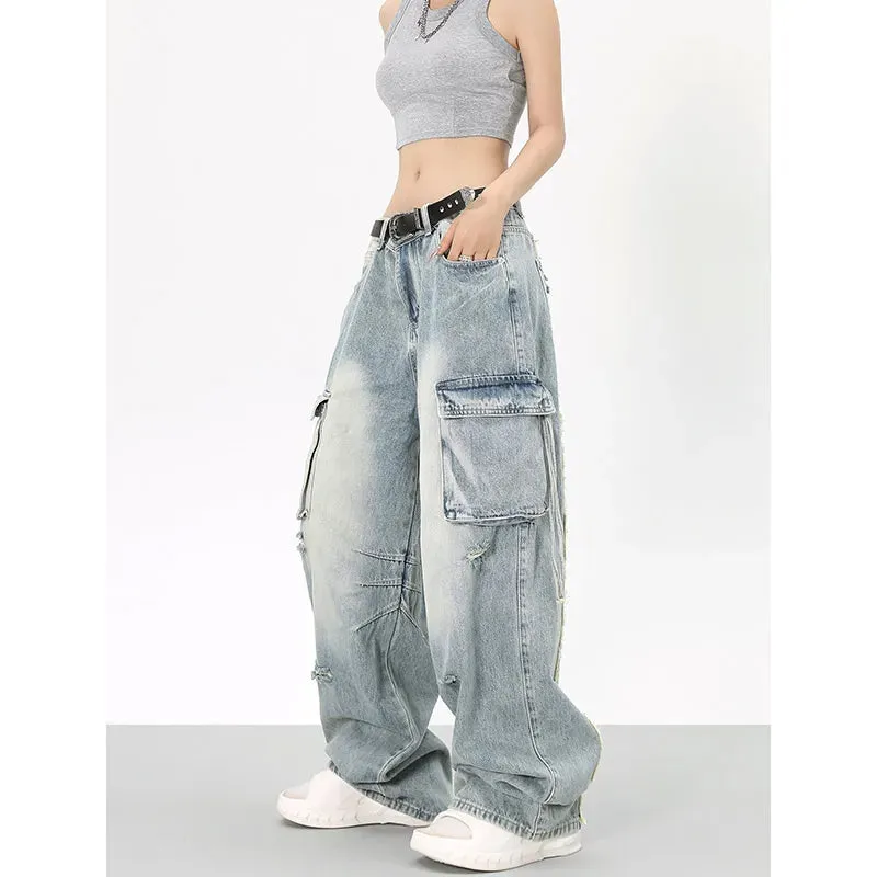 Blue High Waist Fashion Streetwear Wide Leg Vintage Straight Baggy Denim Jeans