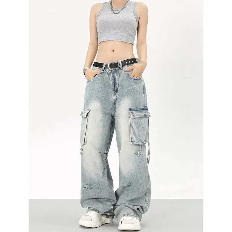 Blue High Waist Fashion Streetwear Wide Leg Vintage Straight Baggy Denim Jeans