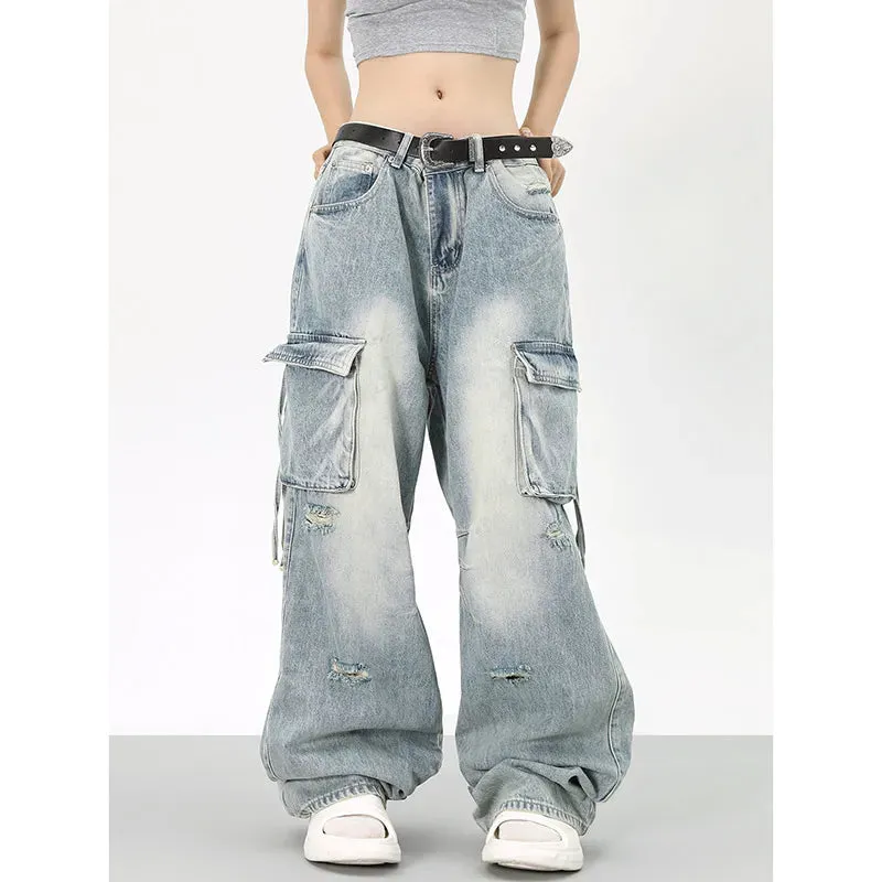 Blue High Waist Fashion Streetwear Wide Leg Vintage Straight Baggy Denim Jeans