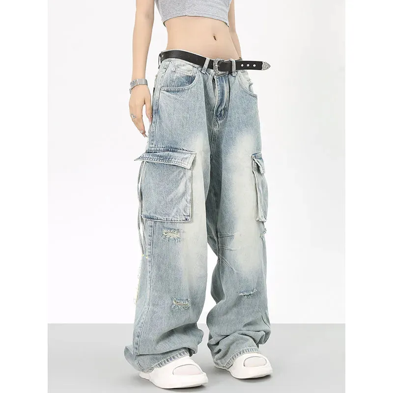 Blue High Waist Fashion Streetwear Wide Leg Vintage Straight Baggy Denim Jeans