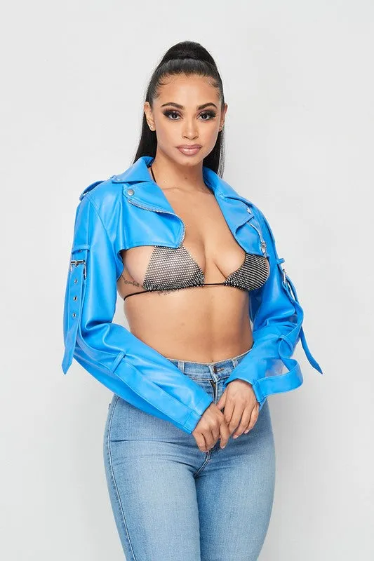 Blue Motorcycle Crop Jacket