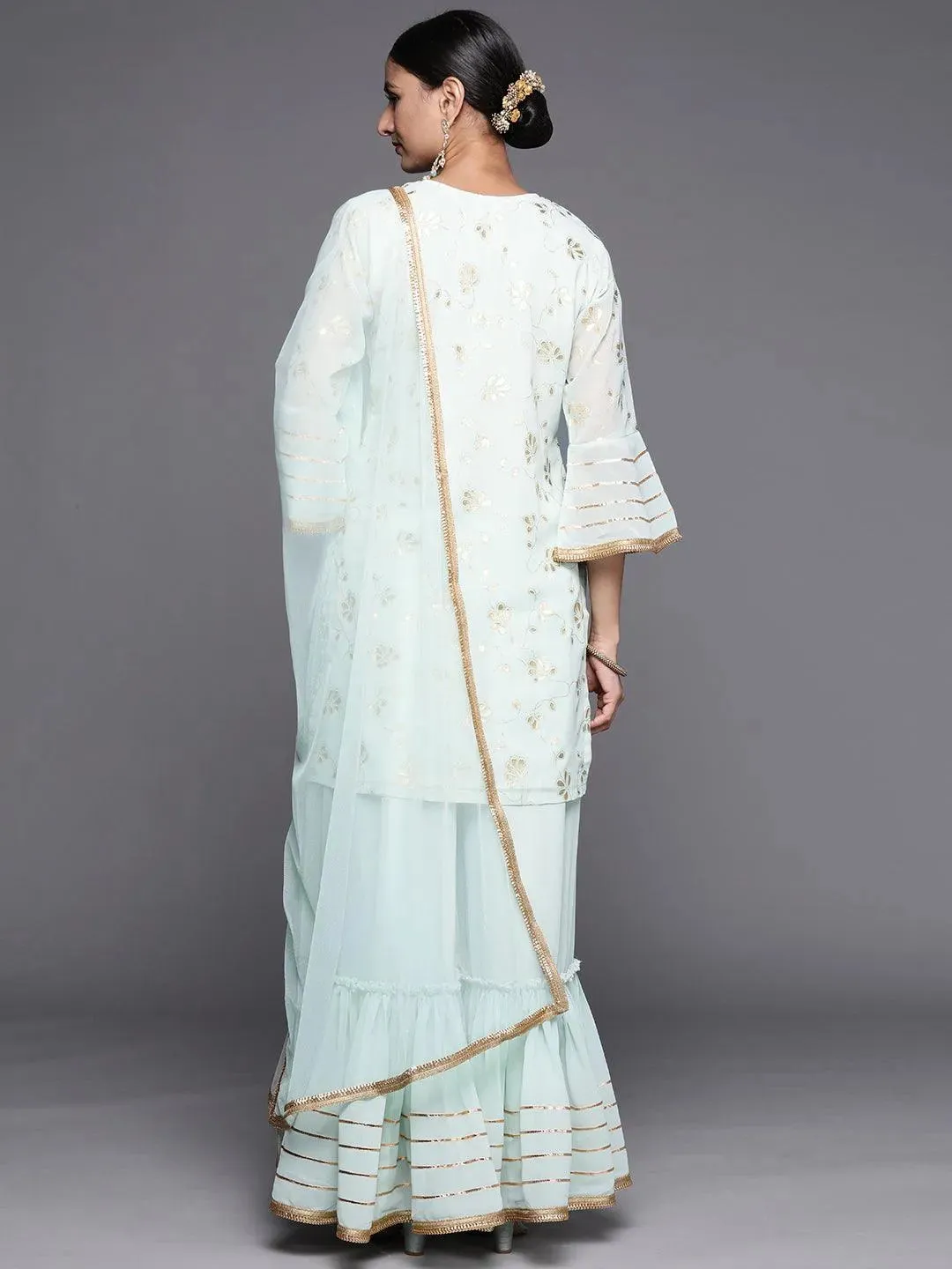 Blue Printed Georgette Straight Kurta With Sharara & Dupatta