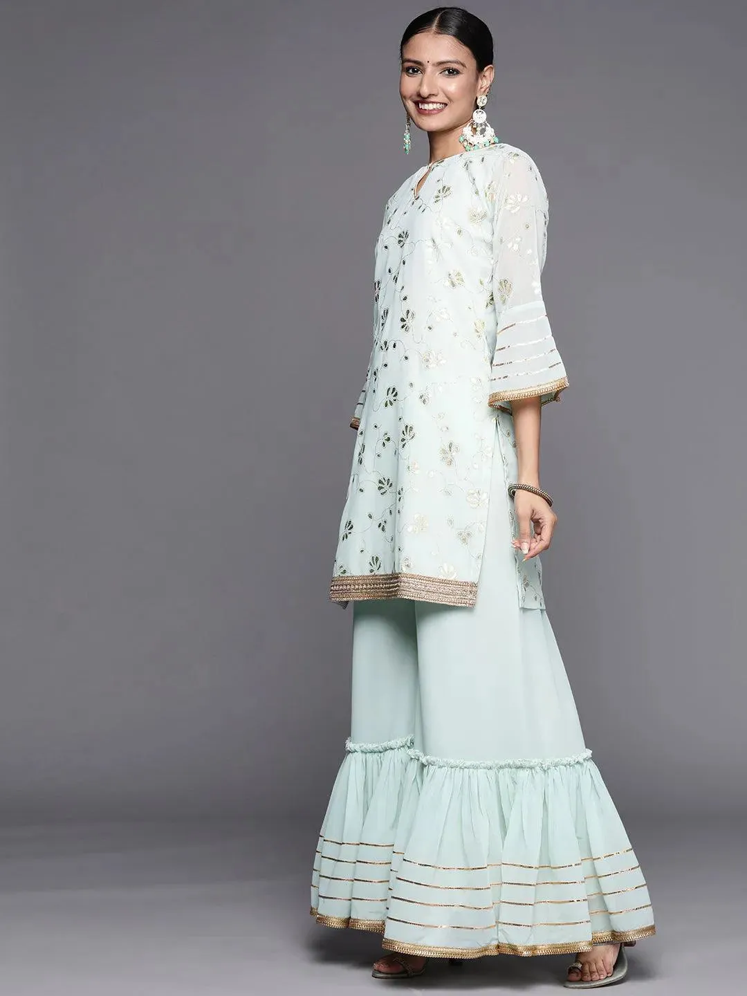 Blue Printed Georgette Straight Kurta With Sharara & Dupatta