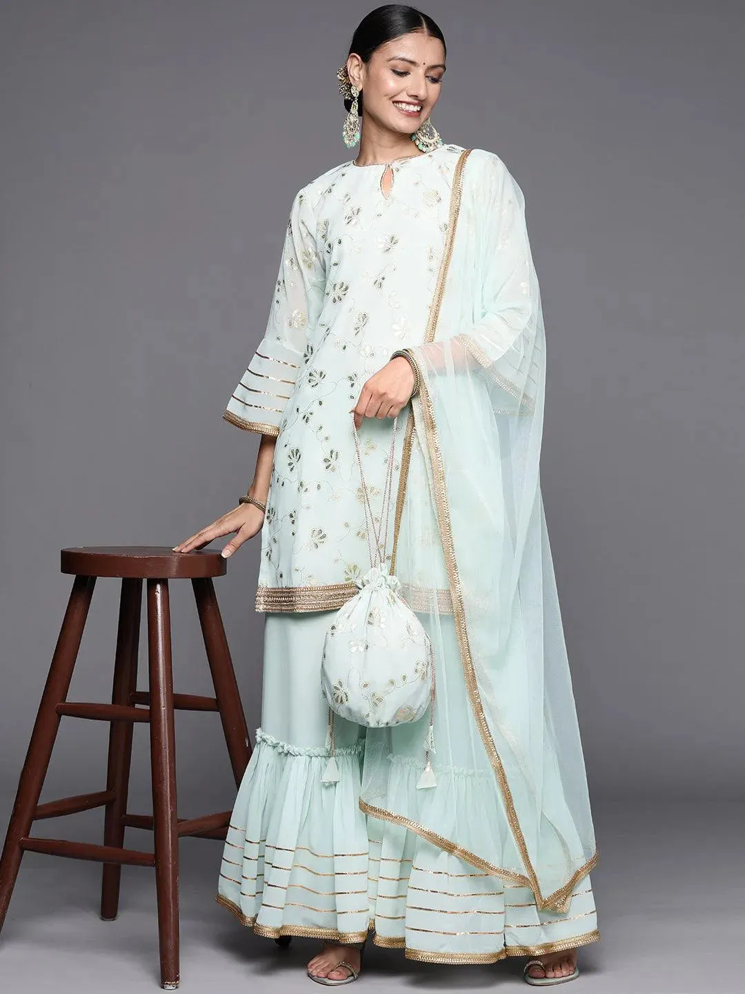 Blue Printed Georgette Straight Kurta With Sharara & Dupatta