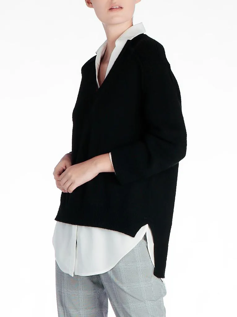 BROCHU WALKER - V Neck Layered Pullover in Black Onyx with white underlayer