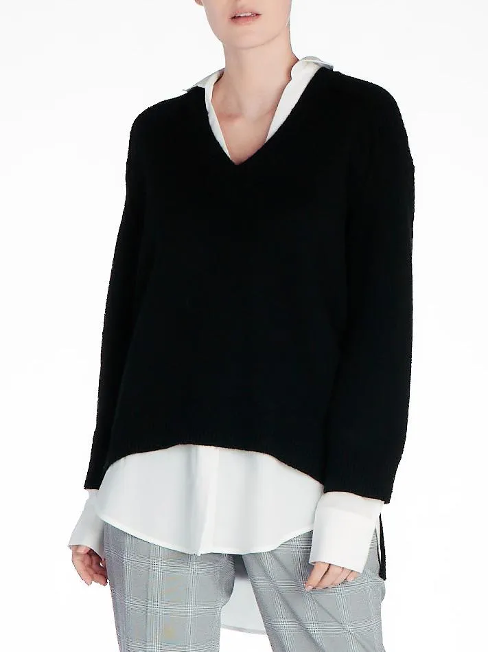 BROCHU WALKER - V Neck Layered Pullover in Black Onyx with white underlayer