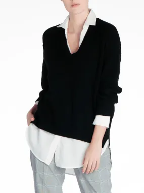 BROCHU WALKER - V Neck Layered Pullover in Black Onyx with white underlayer