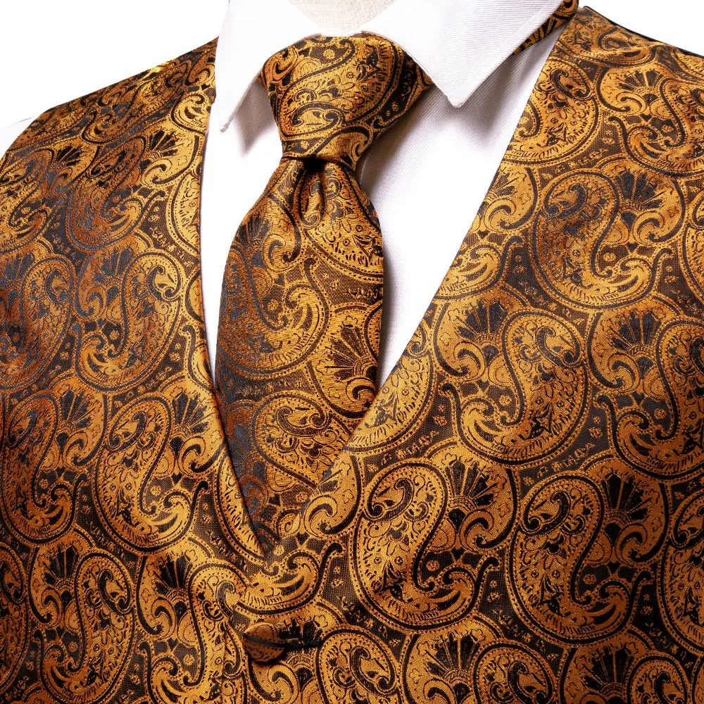 Brown Paisley Silk Men's Vest Hanky Cufflinks Tie Set Waistcoat Suit Set