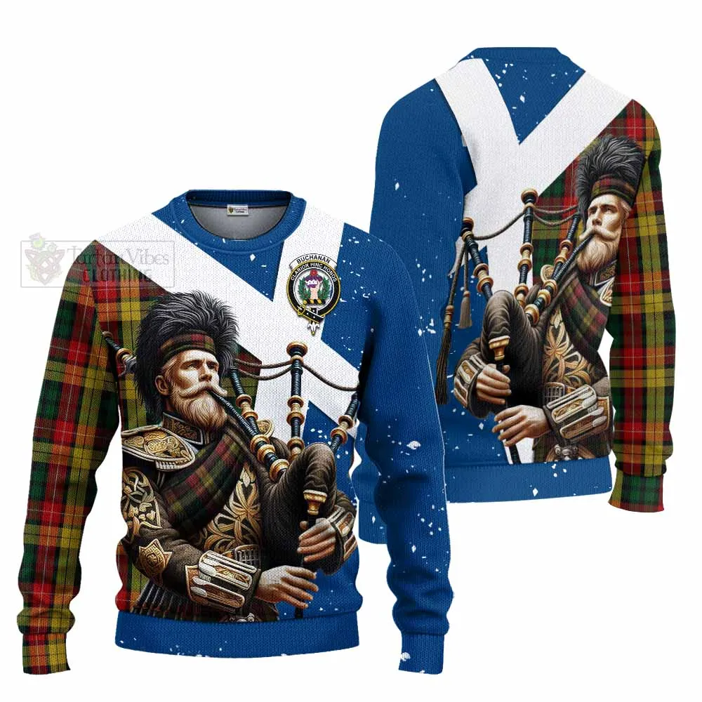 Buchanan Tartan Knitted Sweater with Family Crest Scottish Bagpiper Vibes