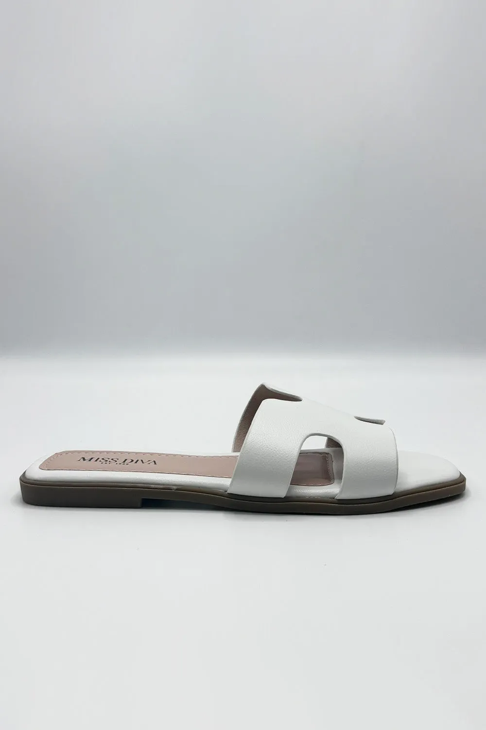 California Faux Leather Cut Out Open Toe Flat Slider In White