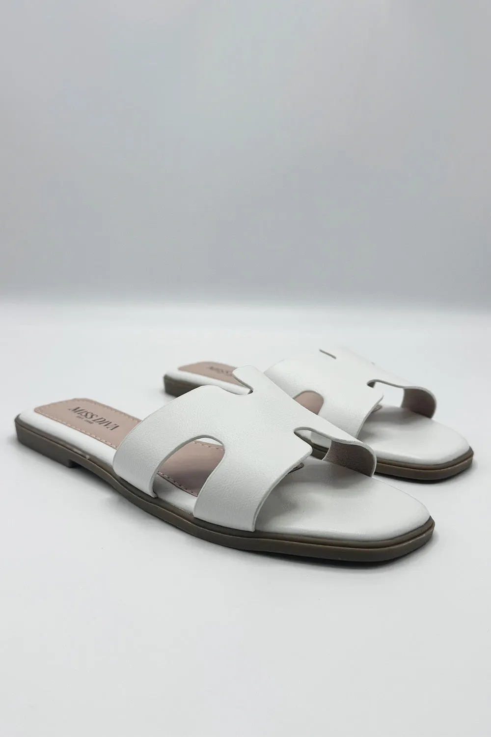 California Faux Leather Cut Out Open Toe Flat Slider In White