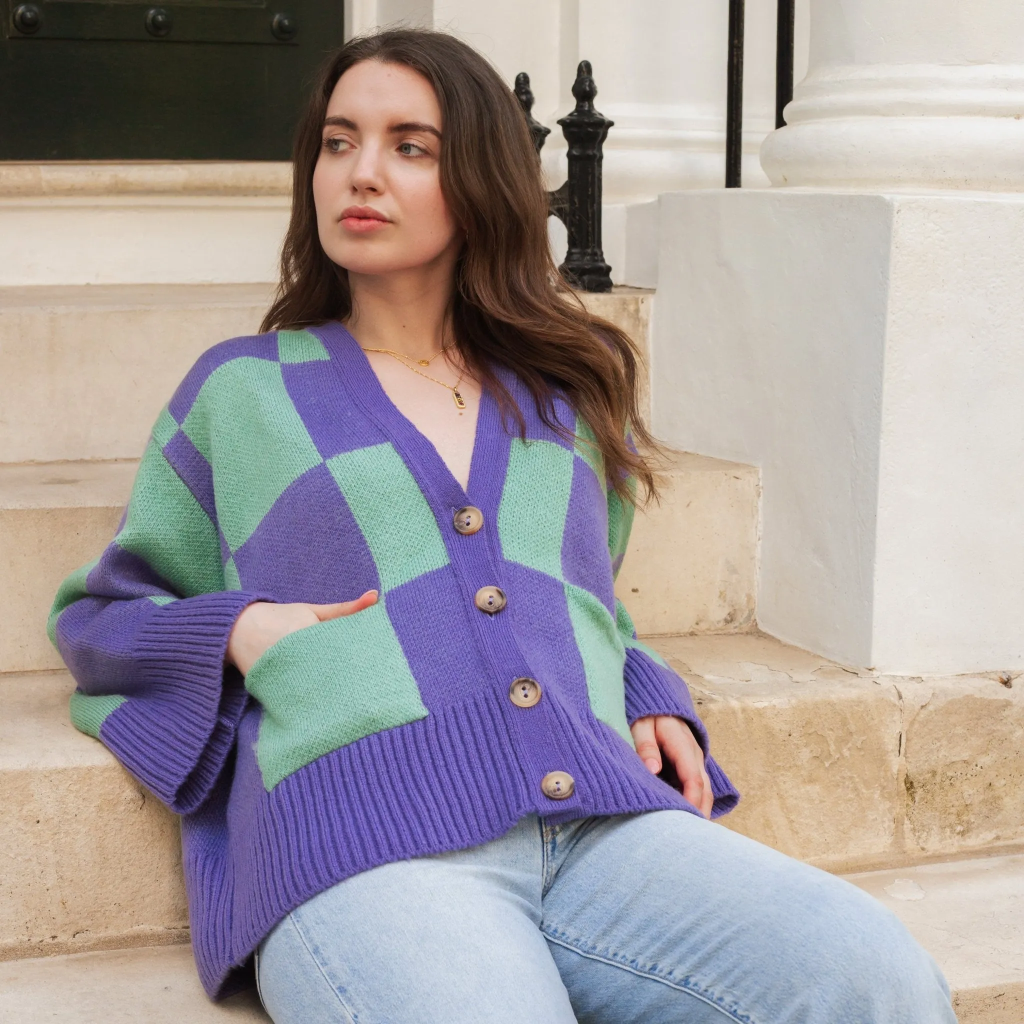 Candice Checked Cardigan with Wide Sleeves - Purple & Green