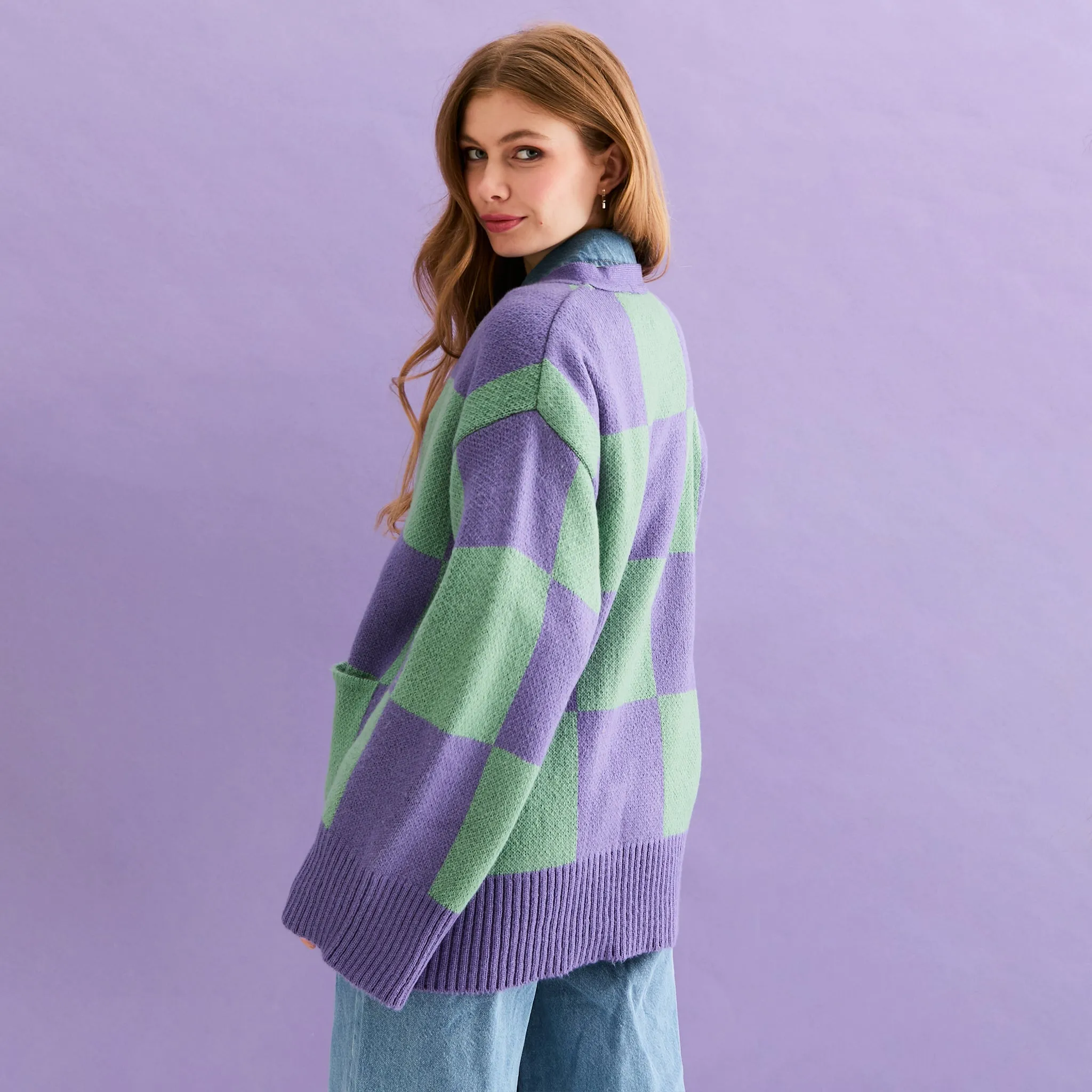 Candice Checked Cardigan with Wide Sleeves - Purple & Green