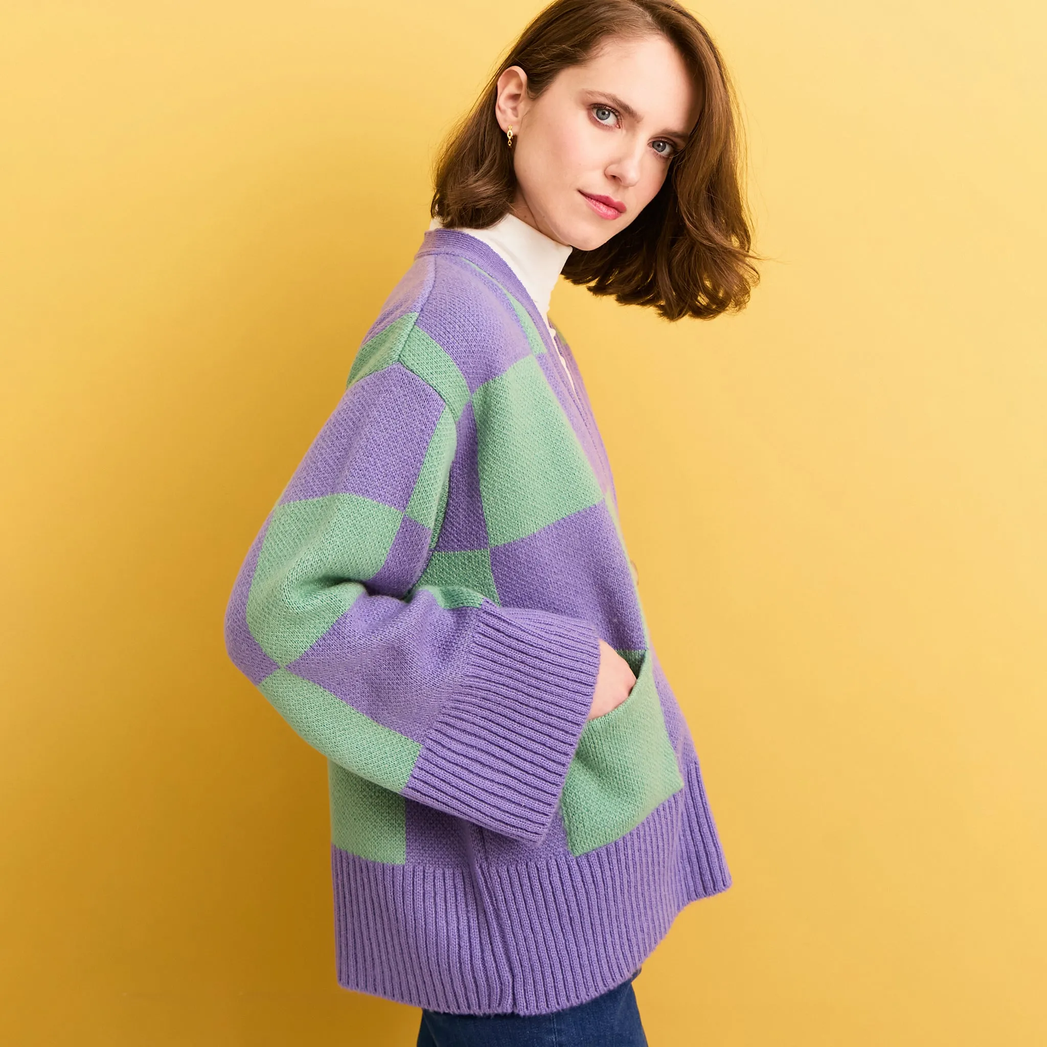 Candice Checked Cardigan with Wide Sleeves - Purple & Green