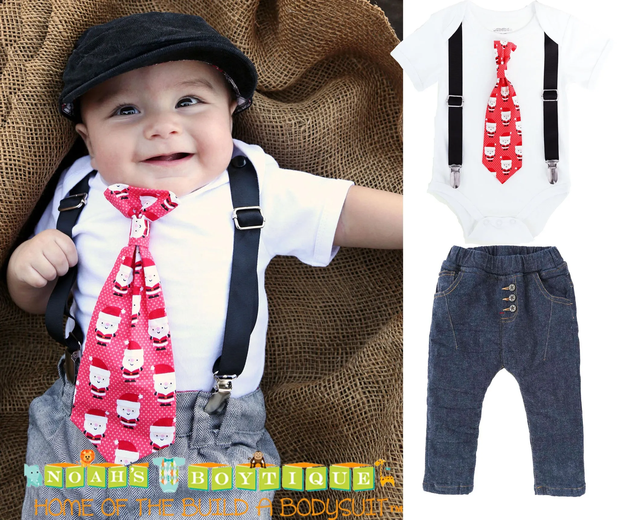 Christmas Outfit Baby Boy Santa Tie Suspenders with Jean Pants Set