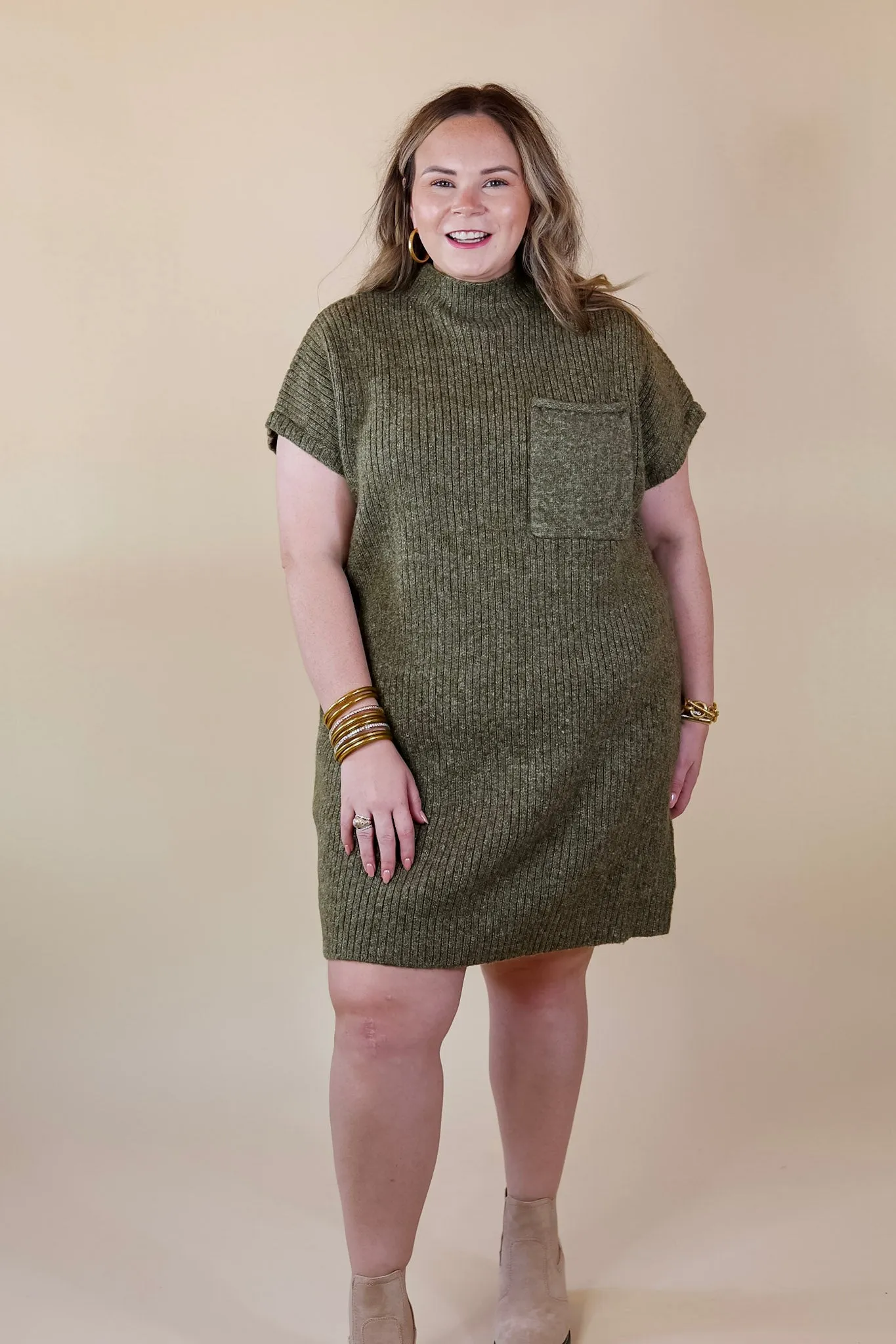 City Sights Cap Sleeve Sweater Dress in Olive Green