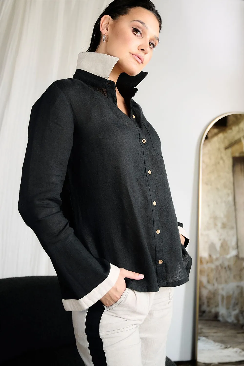 Contraste Linen Shirt - Black