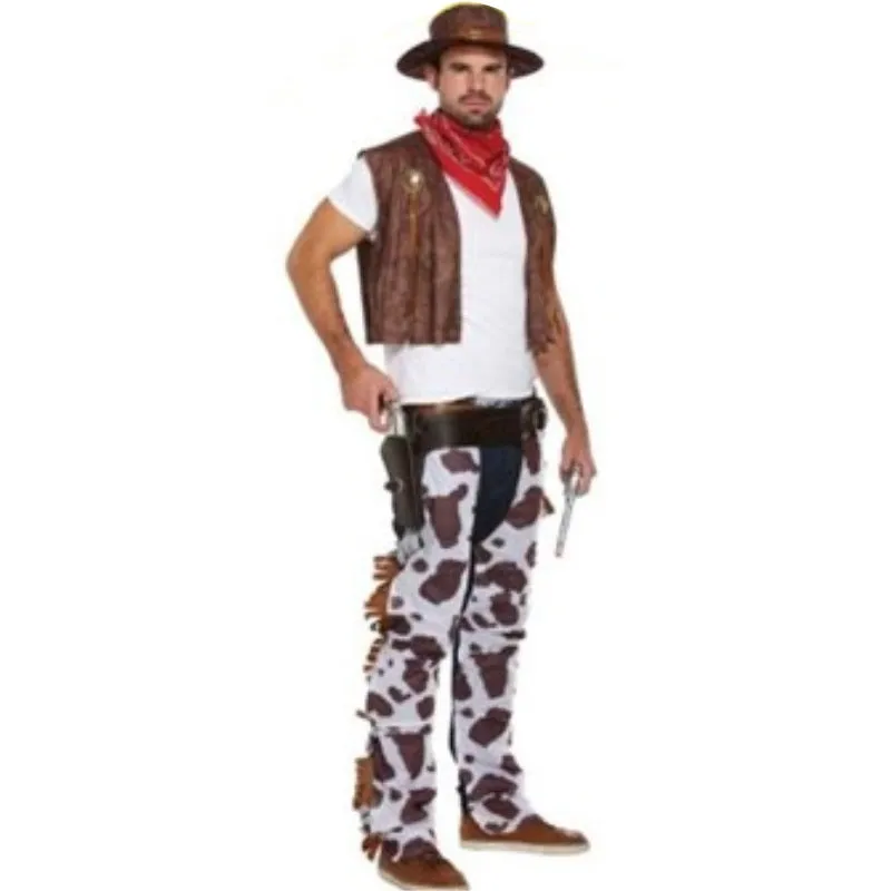 Cowboy Adult Costume with Cow Print Chaps & Vest