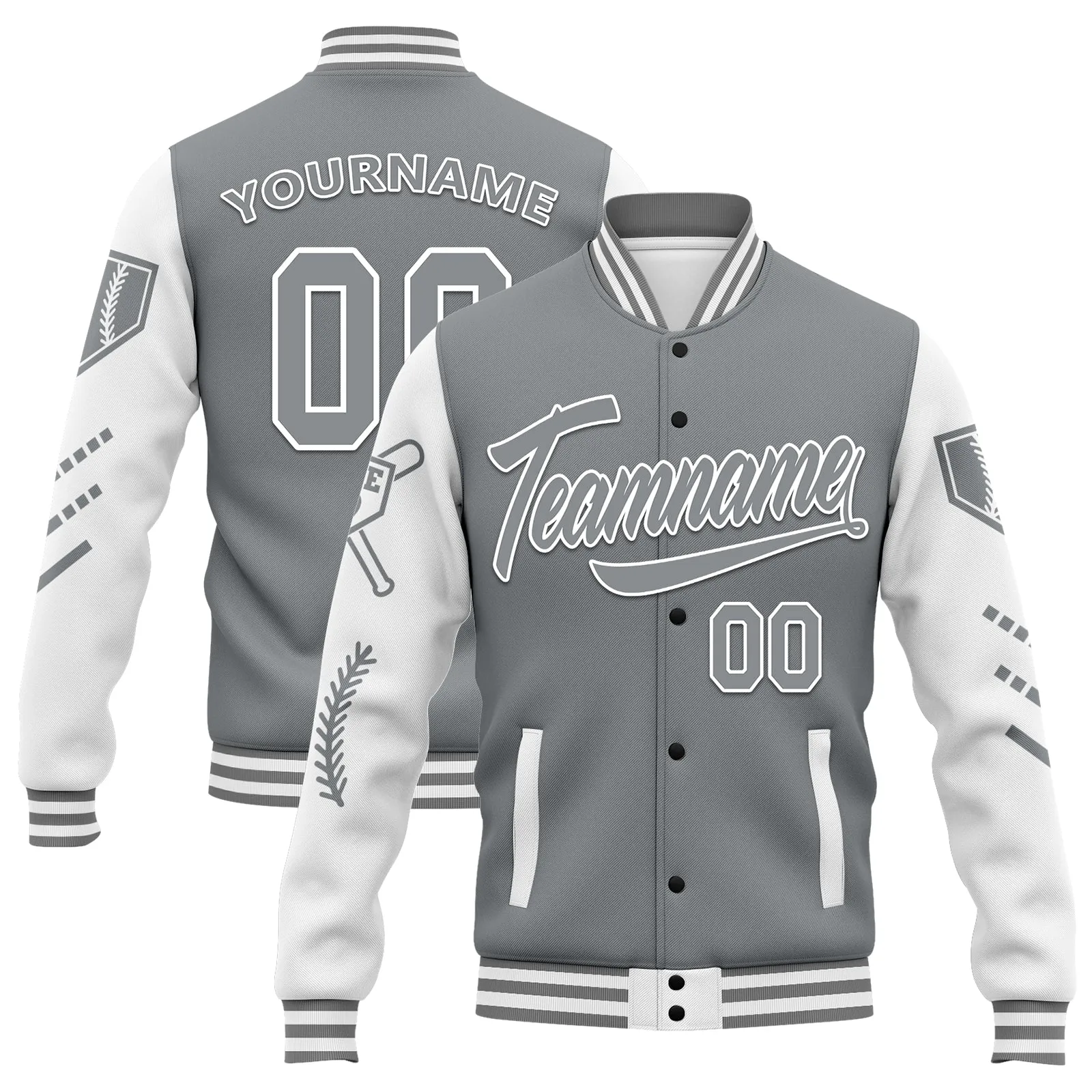 Custom Gray White Raglan Sleeves Jacket Bomber Full-Snap Varsity Letterman Personalized Jacket FZ005-D023002-10