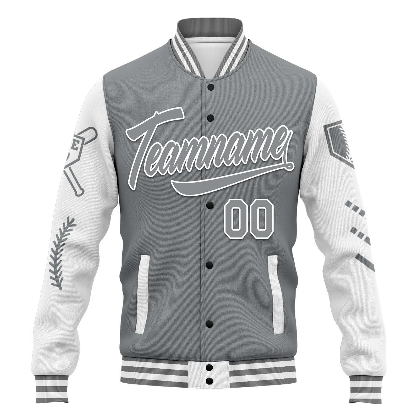 Custom Gray White Raglan Sleeves Jacket Bomber Full-Snap Varsity Letterman Personalized Jacket FZ005-D023002-10