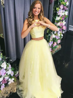 Custom Made Round Neck Two Pieces Yellow Long Prom, Two Pieces Yellow Formal, Yellow Evening