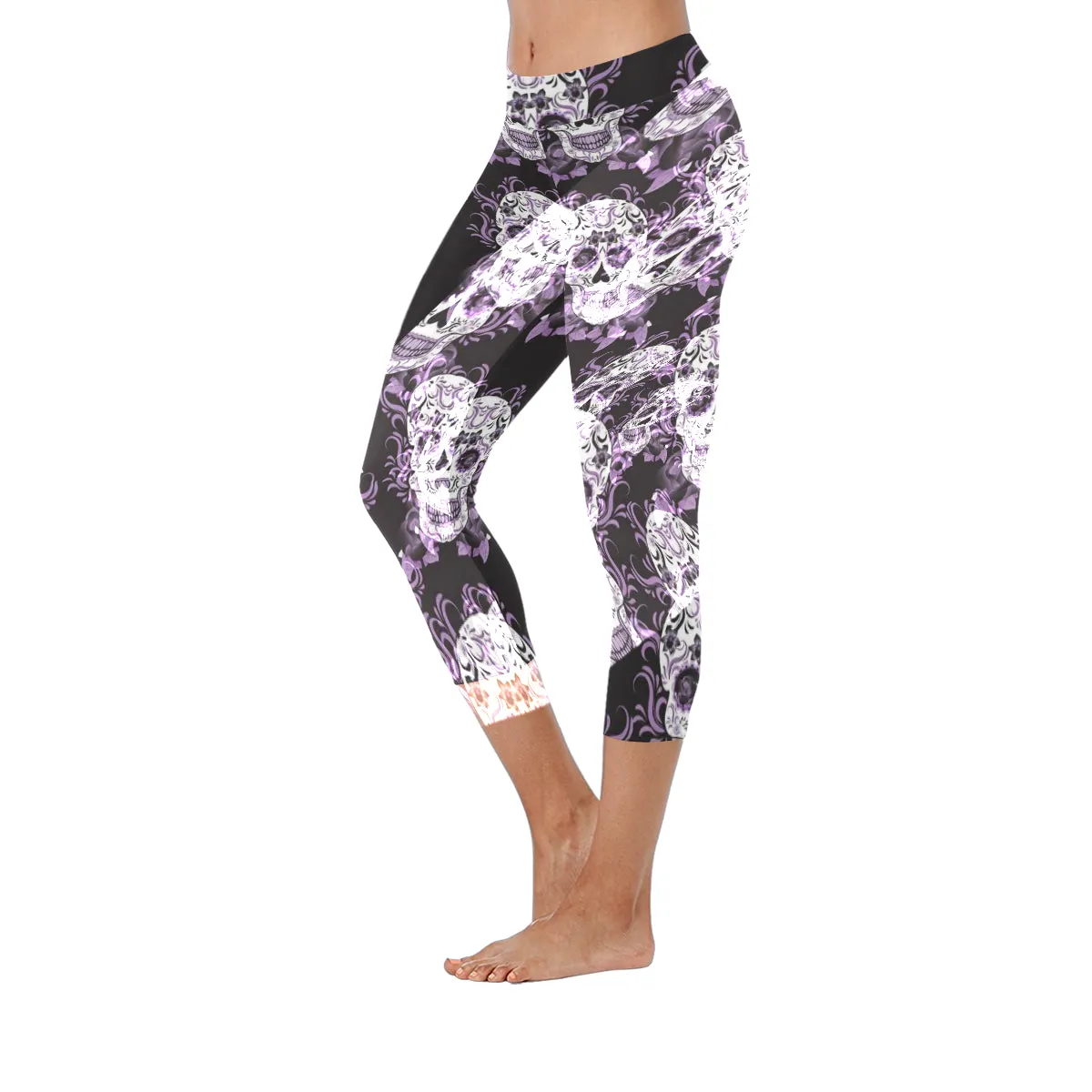 Day of the Dead Mexico Sugar Skull Purple Women's Low Rise Capri Leggings (Invisible Stitch)