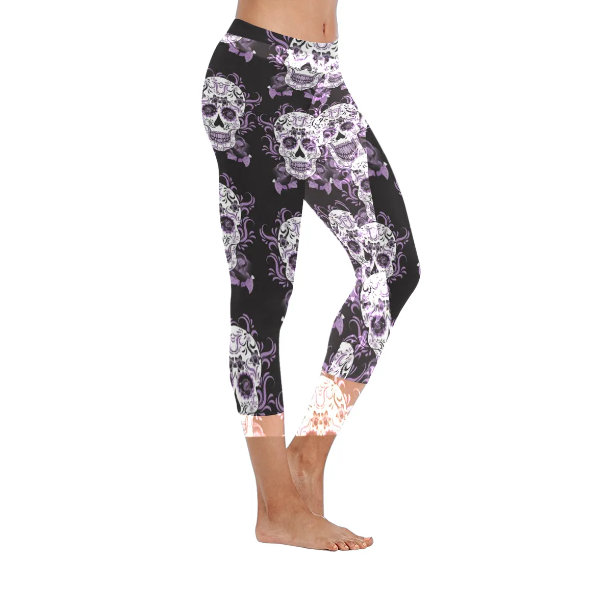 Day of the Dead Mexico Sugar Skull Purple Women's Low Rise Capri Leggings (Invisible Stitch)