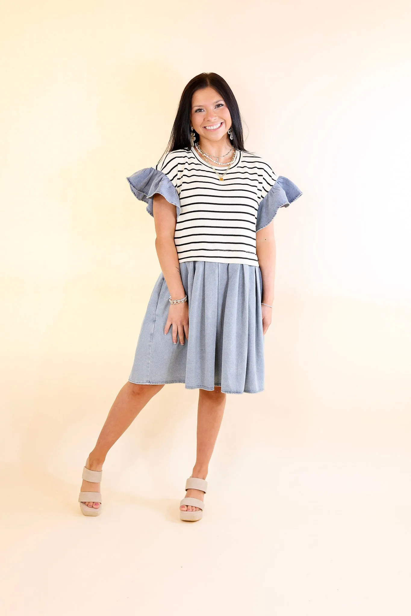 Denim Duo Striped Dress in Cream and Black with Denim