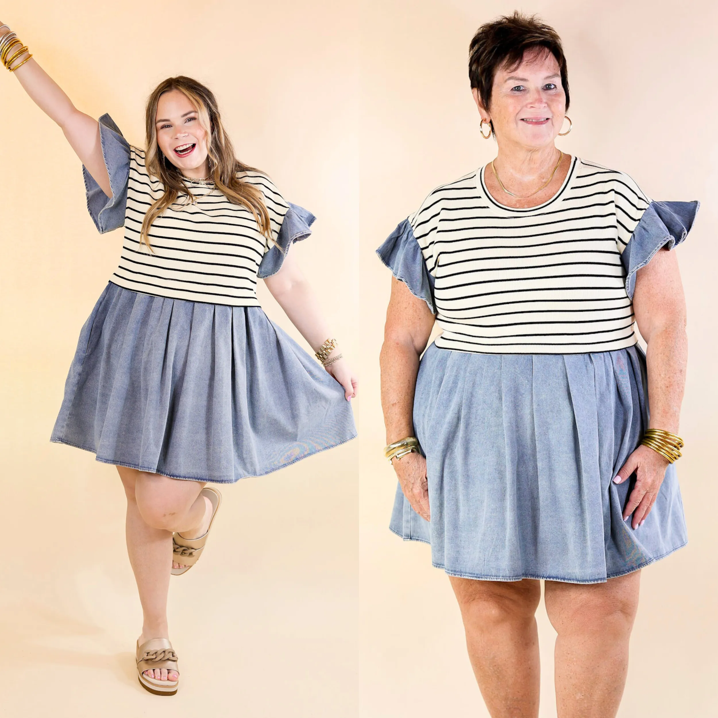 Denim Duo Striped Dress in Cream and Black with Denim