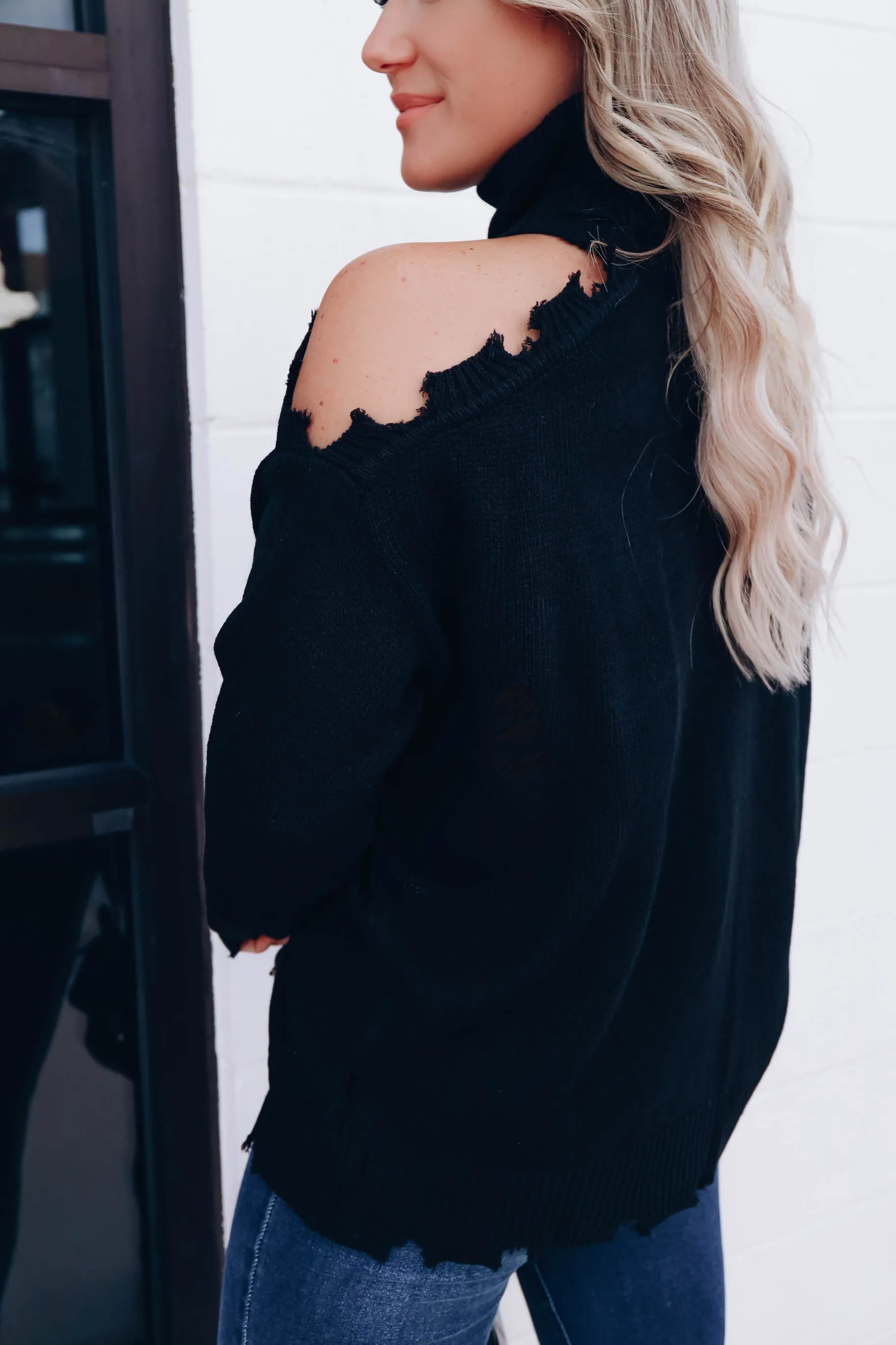 Denver Distressed Cold Shoulder Sweater - Black