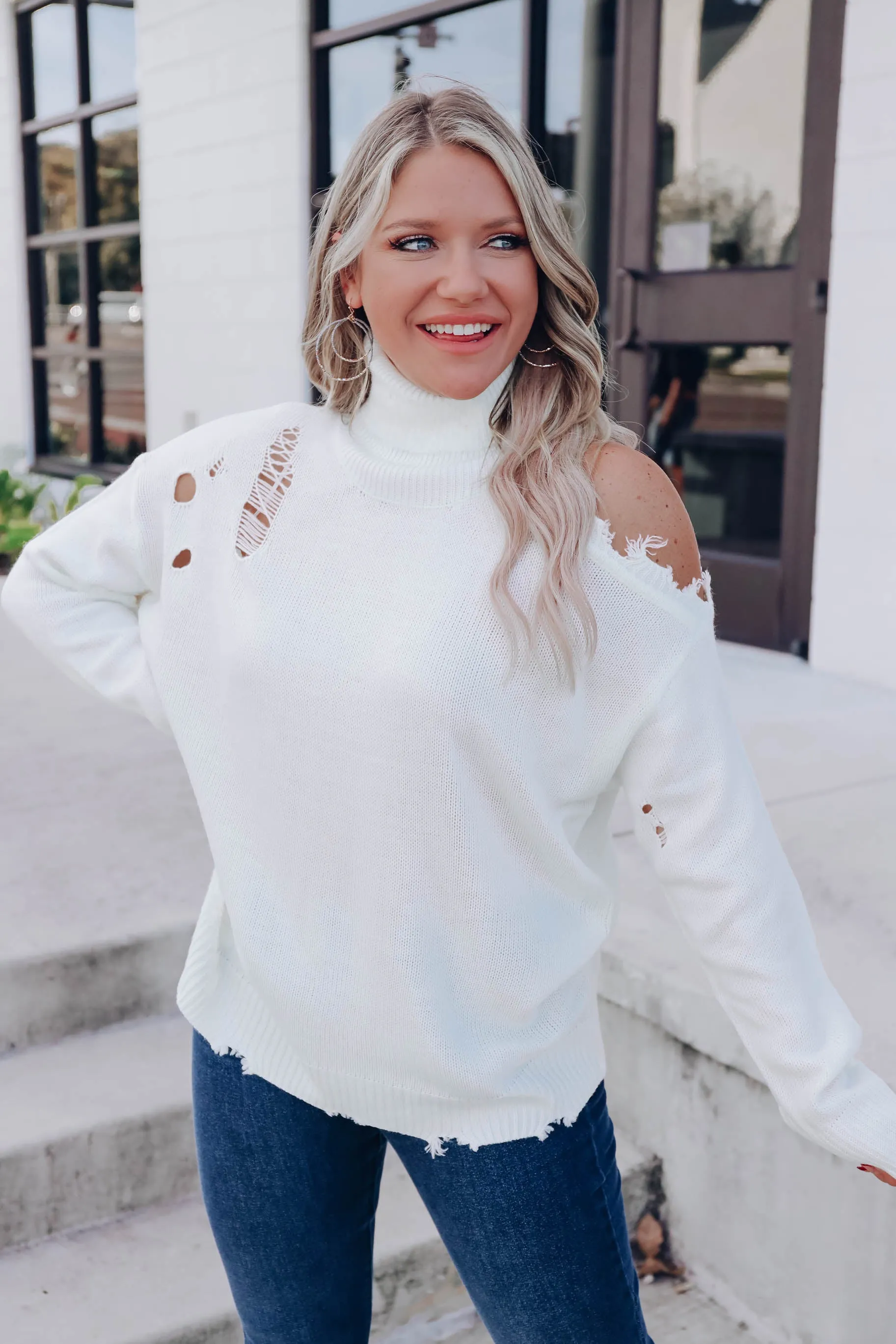 Denver Distressed Cold Shoulder Sweater - Ivory