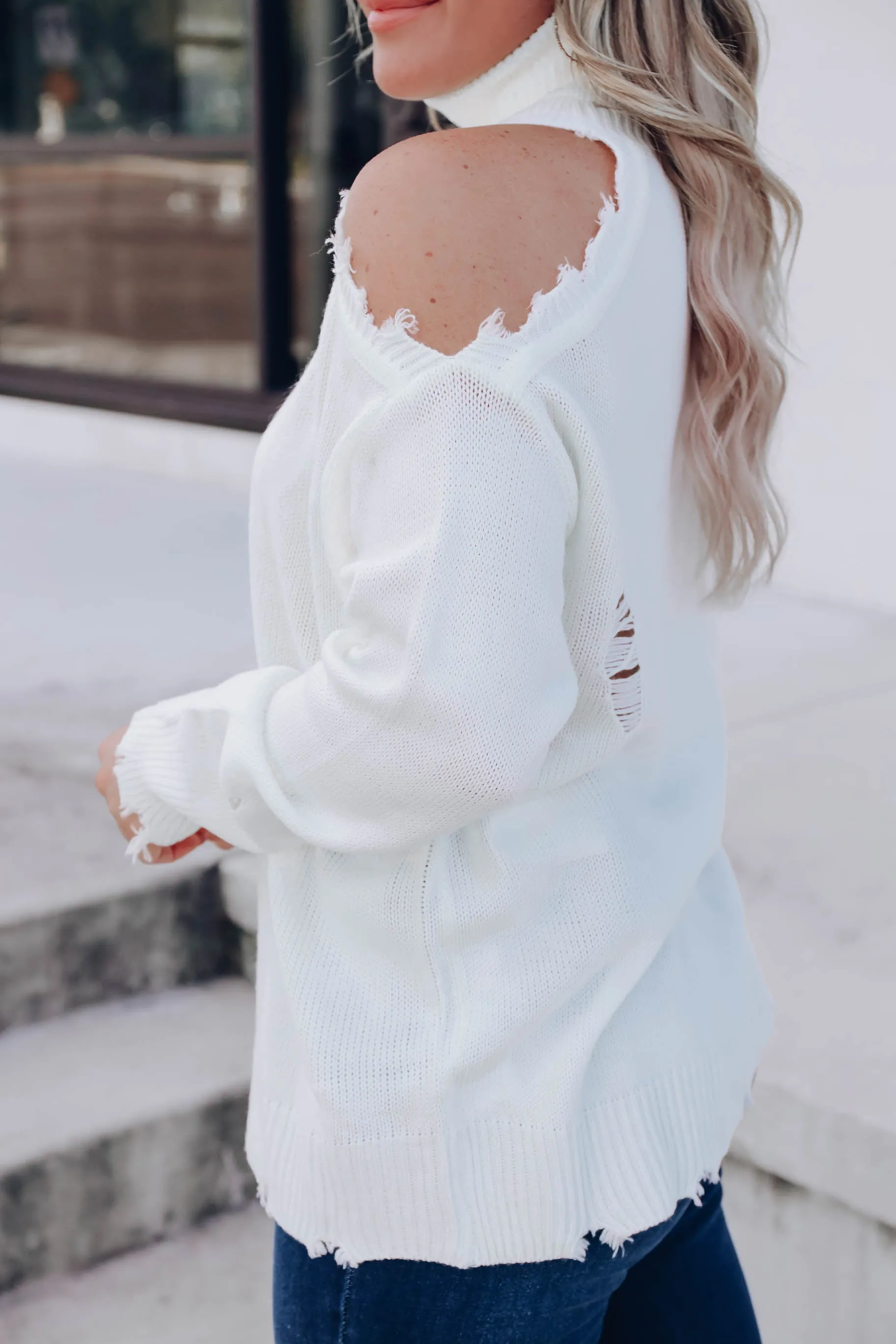 Denver Distressed Cold Shoulder Sweater - Ivory