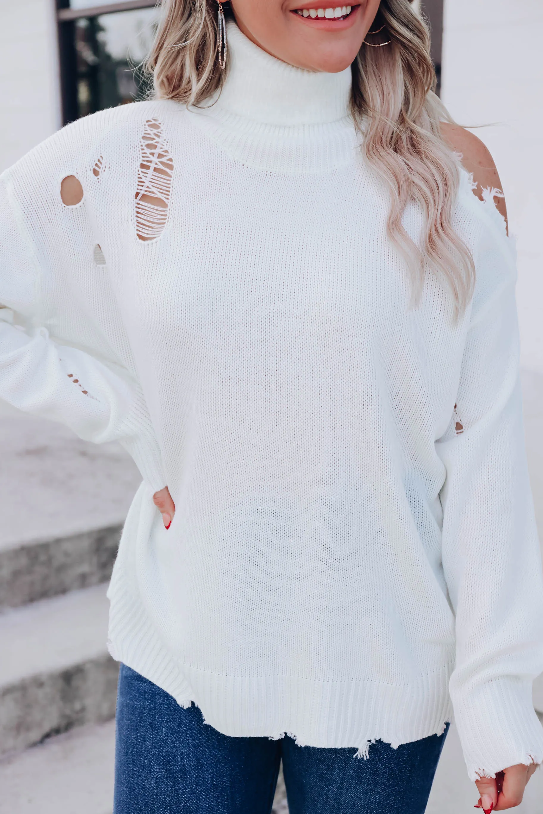 Denver Distressed Cold Shoulder Sweater - Ivory