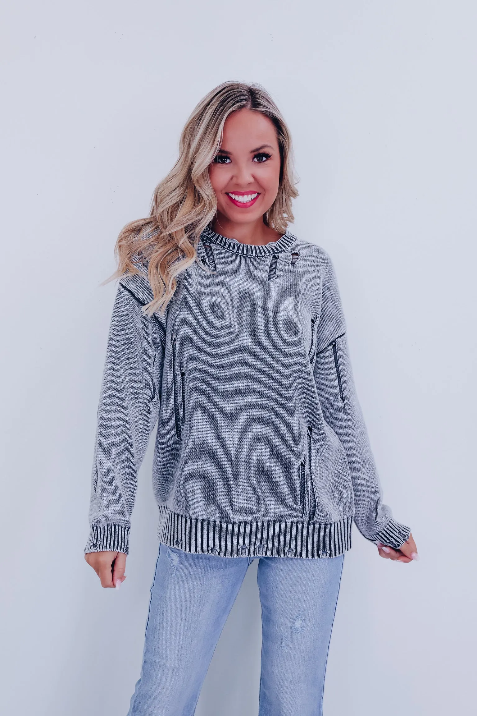 Edgy Vibes Distressed Sweater - Charcoal