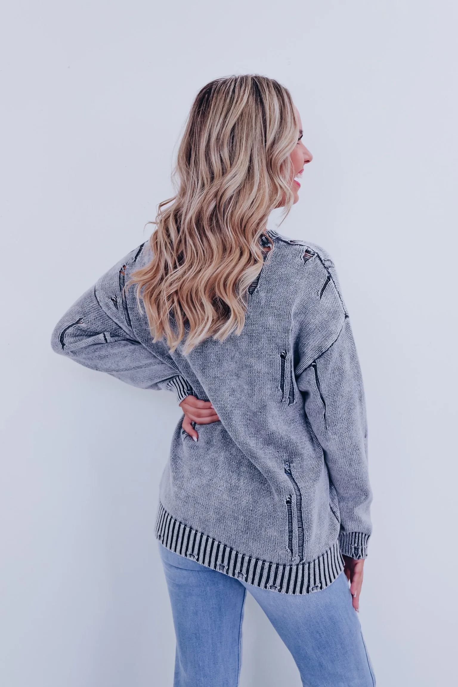 Edgy Vibes Distressed Sweater - Charcoal